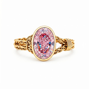 Anillo de banda trenzada de oro de lujo con gran piedra preciosa ovalada rosa, elegante joya de cóctel para mujer - Product Image 1