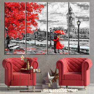 Impression sur toile élégante sur le thème de l'art londonien : Paysage moderne avec parapluie rouge, 4P : encadré - Product Image 1