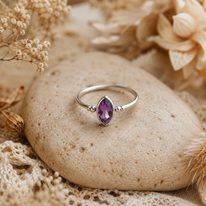 Bridget Amethyst <b>Dainty</b> <b>Ring</b> Faceted Marquise Cut Purple Gemstone 925 Sterling <b>Silver</b> February Birthstone <b>Silver</b> Bead Accents - Product Image 1