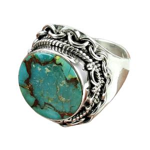 Precio de fábrica de La India, venta al por mayor, anillo de piedras preciosas turquesas de cobre Natural, anillo de banda de Plata de Ley 925 para mujer, joyería hecha a mano - Product Image 1