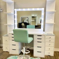 Table de toilette moderne européenne blanche avec miroir LED à éclairage réglable, surface en placage de bois, montage facile pour les grossistes