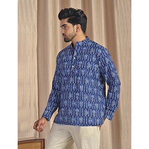 Kurta court en coton popeline bleu imprimé pour homme, chemise décontractée à manches longues, respirante et confortable - Product Image 4