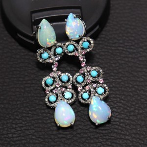 Boucles d'oreilles en argent avec opale éthiopienne et turquoise d'Arizona avec diamant Boucles d'oreilles en diamant Ensemble de boucles d'oreilles en turquoise de qualité supérieure - Product Image 2