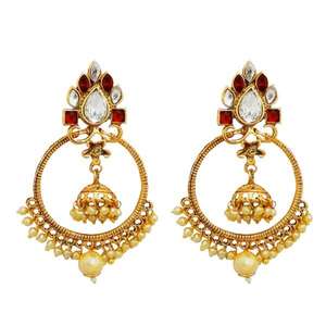 Kriaa <b>Fine</b> <b>Cuff</b> <b>Earrings</b> Gold Plated Maroon Austrian Stone Dangler 1313014B - Product Image 1
