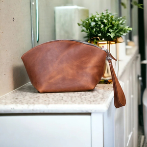 Bolsa de cosméticos de cuero con cierre de cremallera, tamaño mediano, estilo vintage, asa suave, organizador de maquillaje de viaje, 25,4x17,8 cm - Product Image 4