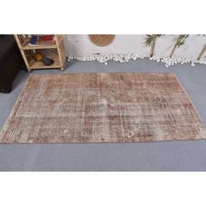 Large Area Vintage <b>Brown</b> Turkish Rug 3.6 X 6.6 ft Handmade Classic Rectangle Abstract Patchwork Pattern <b>Wool</b> Latex Room Rug - Product Image 3