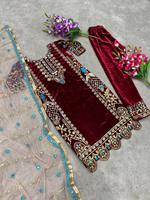 Robe ethnique indienne pakistanaise en tissu velours de haute qualité, richement brodée, entièrement cousue, motifs élégants, tenue de soirée