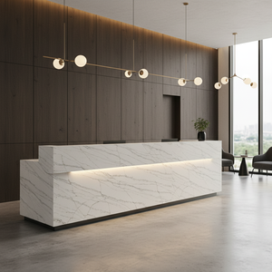 Encimeras de Cuarzo de Piedra Artificial con Vetas Grises Blancas Calacatta HIC Personalizadas para Isla de Cocina, Tocador de Hotel, Recepción - Product Image 3