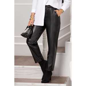 Women's Casual Black Leather Pants with Elastic Waistband Breathable <b>PU</b> Fabric XL Size Pencil Style <b>Leggings</b> Wrinkled Technics - Product Image 2