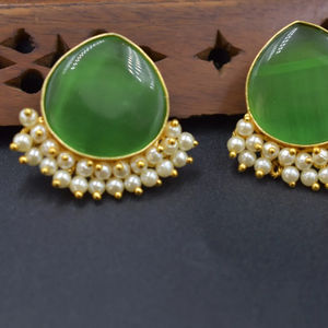 Boucles d'oreilles tendance, nouvelles boucles d'oreilles de créateur, boucles d'oreilles tendance, plaquées or, acier inoxydable, pierre naturelle, pierre ronde - Product Image 1