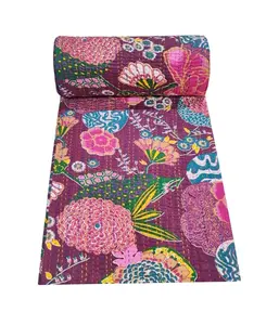 India Kantha selimut blok dicetak Kantha penutup tempat tidur katun Kantha seprai buatan tangan Kantha penutup lempar kembar/ratu/Raja ukuran K