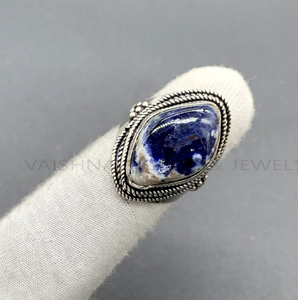 Handmade 925 Sterling Silver <b>Ring</b> Natural Blue Sodalite 9x18mm Fancy Shape Oxidised Bohemian <b>Dainty</b> Women's Trendy Wedding Party - Product Image 1