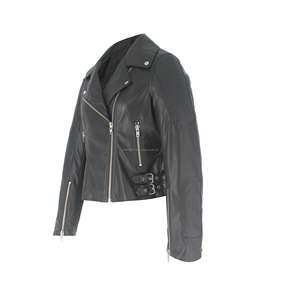 เสื้อแจ็คเก็ตผู้หญิงแฟชั่นปี 2022 สีดำ สไตล์สปริง/ออทั่ม ซิปหน้า เท่ห์ๆ สไตล์ไบค์เกอร์ หนังวีแกน - Product Image 5