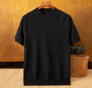 Suéter sencillo informal de lana con cuello redondo para hombre, camiseta de verano con cuello redondo y manga corta, patrón sólido - Product Image 6