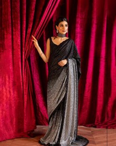 Sari y Blusa de Rayón de Seda Georgette Tradicional India de Último Diseño para Fiesta, Sari Moderno para Mujer - Product Image 4