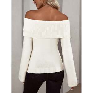 Pull en tricot côtelé à manches longues et épaules dénudées pour femme, couleur blanc cassé, pour l'automne et l'hiver - Product Image 4