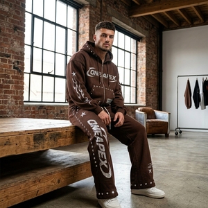 <b>Brown</b> Rhinestone Graphic Zip Up Hoodie Sweatpants Tracksuit Sets Men's Streetwear Two Piece <b>Jogger</b> Outfit Wholesale OEM - Product Image 3