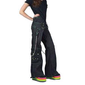 Pantalones Góticos Holgados para Mujer al por Mayor, Negros con Detalles de Costura Verde Neón, Modelo 2026 - Product Image 1
