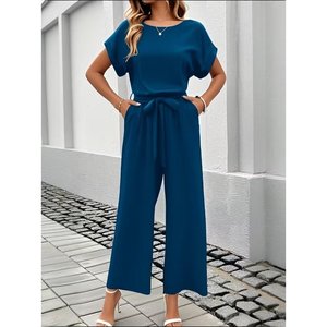 Combinaison Aerobin à manches courtes pour femmes, col rond, taille élastique, avec poches, 37231 - Bleu - Product Image 1