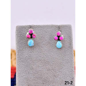 Southwest Style Cotton Candy Turquoise & Sterling <b>Silver</b> <b>Stud</b> Earrings Bezel Setting Flower Pattern Post Earrings - Product Image 1