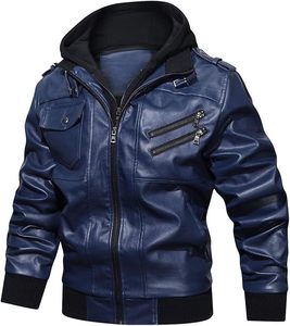 Men's Casual Stand Collar Zip-Up Motorcycle Bomber <b>Jacket</b> PU Faux Leather with Removable <b>Hood</b> - Product Image 1