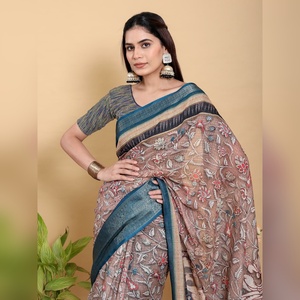 Sari en lin et coton artistique durable, brun patineux et turquoise, GG-614, avec patta en jacquard de lin, mettant en valeur les traditions - Product Image 2