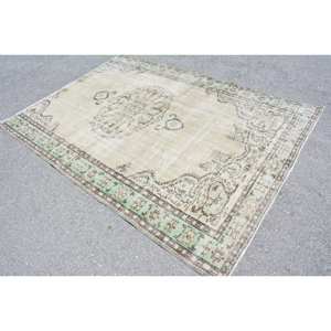 Tapis Vintage en Laine Turque de 6X8 pieds, Motif Patchwork Beige et Vert, Technique de Tissage Plat pour Décoration de Salon, Largeur de 4m - Product Image 4