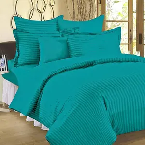 100% 纯棉优质210Tc缎纹条纹大号双人床单配有2个枕头套