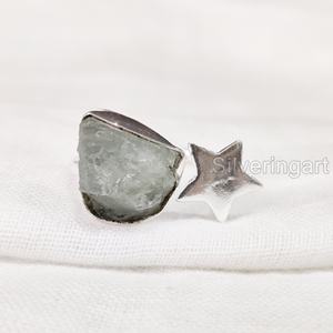 Bague pour femme en argent sterling 925 avec pierre brute naturelle d'aigue-marine, pierre de naissance de mars, bijou étoile - Product Image 3