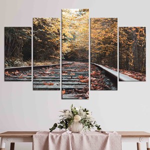 Arte en lienzo de vías de tren de otoño: Impresión de paisaje estacional para pared, JUEGO DE 5 LIEÑOS VARIADOS - Product Image 1