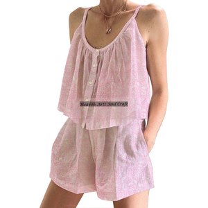 Block Print Pure Cotton Shorts PJ Set <b>For</b> <b>Women</b> Soft Night Spring/<b>Summer</b> Floral Fitted Strappy Sleeveless PJ Set - Product Image 2