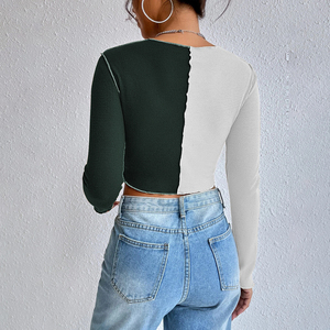 Personnalisé été Sexy femmes mince haut court t-shirts t-shirt à manches longues couleur bloc femme adolescentes femmes t-shirt - Product Image 4