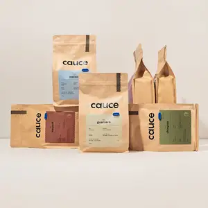 أكياس قهوة من ورق كرافت قابلة لإعادة التدوير ومخصصة حقيبة عمودية للقهوة من طرف ثالث حقيبة PLA بنية اللون بقاعدة مسطحة مع صمام