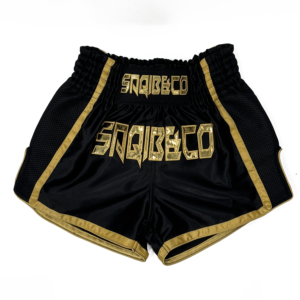 Pantalones cortos Muay Thai Satén dorado negro con bordado tailandés tradicional Estiramiento de alta calidad Ligero Transpirable - Product Image 5