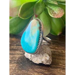 Leslie Nez Kingman Fine Jewelry <b>Dainty</b> Platinum <b>Ring</b> Smooth Turquoise Sterling Silver Rectangle Shape Size 7.75 Everyday Wear - Product Image 4