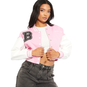 Vestes Letterman avec logo brodé personnalisé de qualité supérieure Corps en laine Manches en cuir Style de rue Vestes d'université courtes pour femmes - Product Image 1