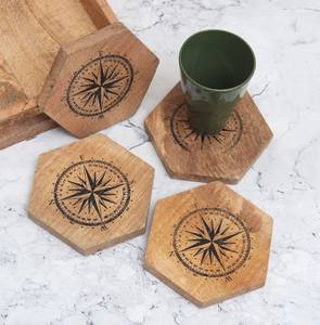 Posavasos de madera natural con estilo, juego de posavasos grabado con brújula para bebidas para el hogar, esteras y almohadillas decorativas náuticas de mesa - Product Image 2