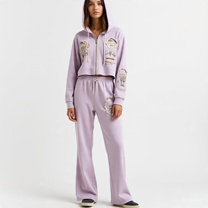 Ensemble 2 pièces personnalisé sweat-shirt pour femme avec patch de broderie vieilli sweat-shirt à capuche et pantalon de survêtement zippés ensemble survêtement pour femmes - Product Image 2