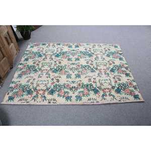 พรมวินเทจขนาด 5.9x4.3 ฟุต พรมตุรกี พรมขนสัตว์สีน้ำเงินลายปะติด - Product Image 1