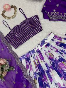 Heavy Faux Georgette with Digital Print Thread With Sequence Work Lehenga Koti With Choli & Thread With Sequence Work Dupatta - Product Image 6