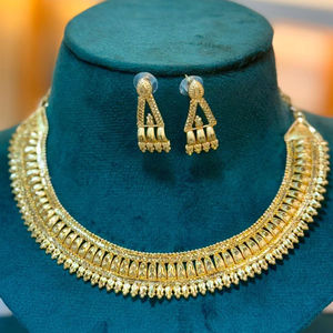 24 Carat Elegant <b>Gold</b> Necklace and Earring <b>Set</b> Vintage Pear Shaped Intricate Design for Wedding and Party Copper Jewelry - Product Image 1