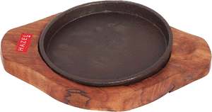 Handcrafted Pizza Pan in <b>Cast</b> <b>Iron</b> with Wooden Base for Restaurant Serving, Hot <b>Plates</b>, and Kitchenware Accessories - Product Image 3