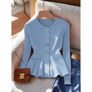 JOYSONS Autumn Ruffle Trim Peplum <b>Long</b> Sleeve Knitted Crew Neck Single <b>Button</b> Thin Solid 260g Women's <b>Cardigan</b> Apricot - Product Image 6