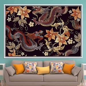 Toile imprimée : Dragon et fleurs - Décoration murale à motifs asiatiques, TOILE ENCADRÉE BLANCHE - Product Image 1