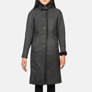 Alina Reversible Black Shearling Leather Coat High Collar Embroidered Diamond XS XL Waterproof Autumn Parka Nylon Zipper - Product Image 4