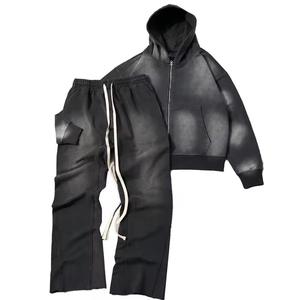 Conjunto Deportivo de Felpa Francesa Gruesa de Alta Calidad, Sudadera con Capucha Desgastada con Lavado Ácido, Pantalones Deportivos Acampanados, 100% Algodón para Invierno - Product Image 1