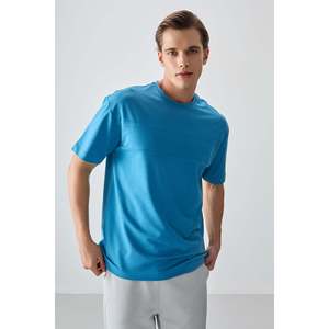 T-shirt basique pour homme Air Jones, coupe ample, mélange de coton épais texturé, bleu pétrole, style décontracté - Product Image 4