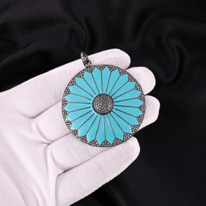 Pendentif rond en émail pour femme, fleur, argent sterling 925, plaqué rhodium noir, pavé de diamants, vintage, taille 50 mm, pierres précieuses rouges de montagne - Product Image 2