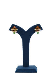 Traditional gold plated pearl <b>chain</b> necklace set with red green stone dangler design and matching <b>earrings</b> for bridal wear - Product Image 2