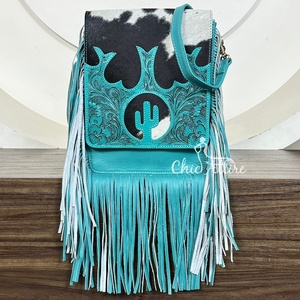 Custom Handcrafted Western Fringe Crossbody Bag Hand Toold Genuine Leather Hair-On-Hide Cowhide Purse with Cactus Cutout Design - Product Image 1